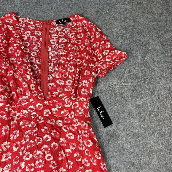 Lulus Garden Explorer Red Floral Mini Dress Medium Deep V-Neck - Picture 2 of 9
